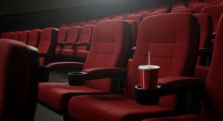 Fototapeta premium Rows of vacant red seats in a dark movie theater with a single drink before the show starts