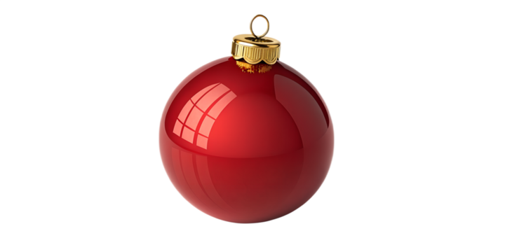 Christmas ball ornament isolated on transparent background, glossy red sphere with golden cap, clean edges, soft realistic shadow, high-resolution product render, minimal festive style, PNG format, pr