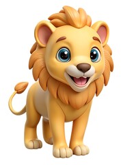Fototapeta premium Adorable cartoon lion cub standing and smiling on a white background