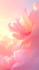 Close-up of large pink floral blooms in a soft, dreamy style, bathed in warm light with a hint of sky peeking through