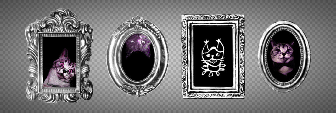 Collection of halftone Ornate Framed Cat Portraits and Doodle Quirky Art. Elegant Vintage Ornate Picture Frames  in style y2k