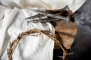 Crown of Thorns and Holy Nails associated with the Passion of Jesus Christ. Symbol of the...