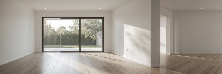 Minimalist interior of an empty room with white wall, sliding door, and glass windows overlooking a garden, suitable for layout design