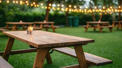 Cozy and inviting outdoor garden party scene featuring a serene landscape with rustic picnic tables surrounded by twinkling fairy lights creating a warm and enchanting atmosphere for gathering