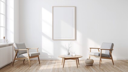 Mockup of a poster frame in a minimalist Scandinavian setting, enhancing editorial header background