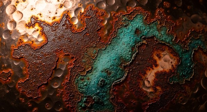 Rust and patina metal, verdigris and copper tones, organic corrosion patterns, on a textured surface, studio light.
