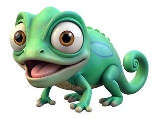 Fototapeta premium Cartoon green chameleon with big eyes and tongue out on white background