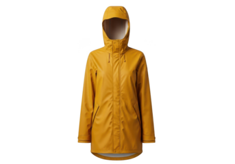 Yellow raincoat waterproof hooded jacket outerwear fashion apparel clothing rain gear isolated on transparent background