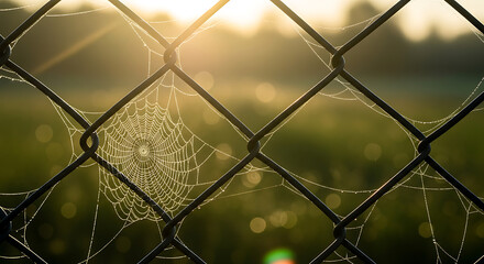 Fototapeta premium A delicate spiderweb with morning dew on a chain-link fence during a golden sunrise