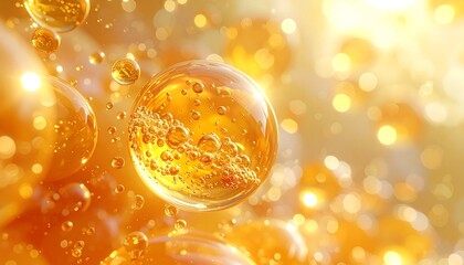 Close-up of large, translucent orbs filled with smaller bubbles. The orbs float in a warm, glowing, and blurred background