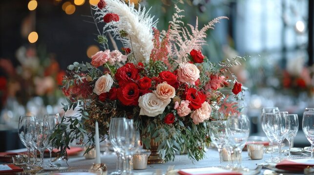 Elegant floral arrangements with roses carnations and other blooms serve as the centerpiece for a sophisticated dinner party table setting complete with lit candles glassware