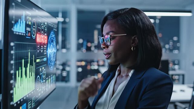 Person analyzing digital data on large screen in modern office environment with changing graphical interface elements and subtle camera movement