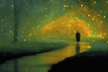 Fototapeta premium A person walking along a bright path through darkness, symbolizing hope and passage beyond life, ideal for emotional and reflective projects.