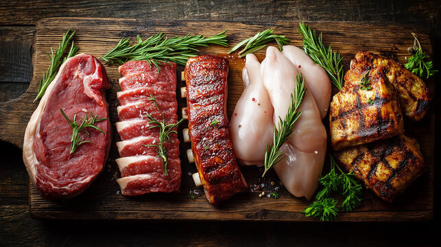 Raw Meat BBQ Preparation: Steak, Chicken, and Ribs on Rustic Wooden Surface for Grilling and Cooking