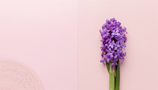 Abstract minimalism with spring elements, featuring a fresh cut flower on pink paper for layout backgrounds