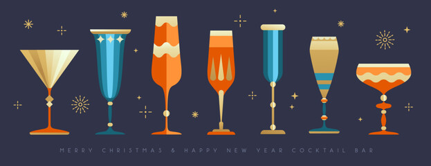 Set of holiday Christmas and New Year cocktails and champagne glasses isolated on dark background. Vector illustration © annbozhko