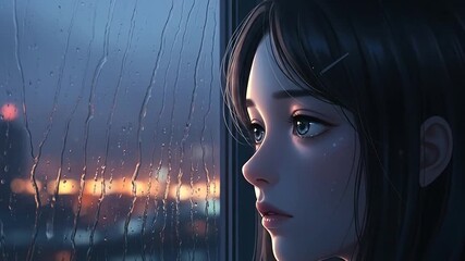 Pensive anime girl in twilight rain, soft lofi chill loop video