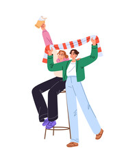 Happy fans root for their team in sports bar. Young man and woman celebrate success together. Friends rejoice at winning, cheer and hands up. Flat isolated vector illustration on white background