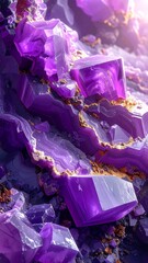 Close-up of layered, crystalline, purple formations, sunlit