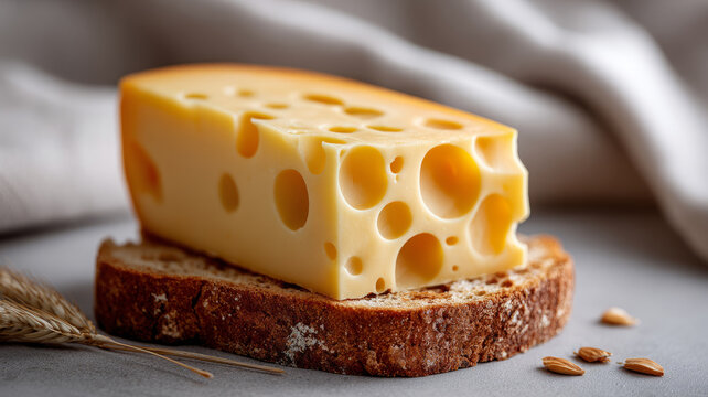 Slice of Swiss cheese with holes on rustic bread. - Powered by Adobe