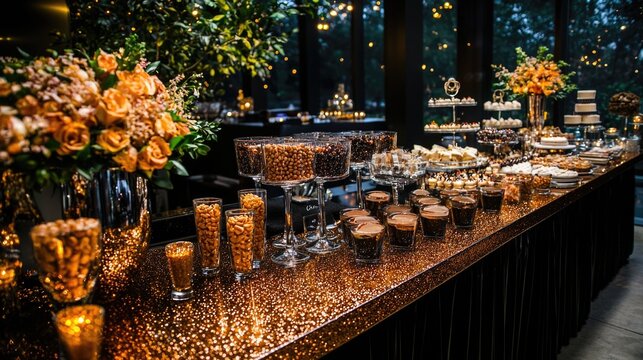 An elegantly styled and color coordinated dessert bar overflowing with an array of tempting sweets and confections creating a lavish and visually stunning display for a celebratory party or event