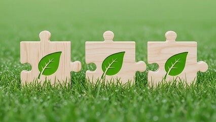 Three wooden puzzle pieces with green leaf cutouts on lush green grass jigsaw
