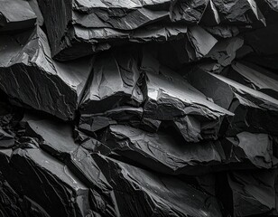 Close-up of layered, dark-grey rock formation with sharp edges