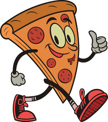A cheerful cartoon pizza slice character mascot walking with a thumbs up, a fun illustration for food delivery.eps vector