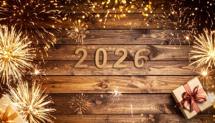 2026 New Year celebration with fireworks, sparklers, and gifts on a rustic wooden background.