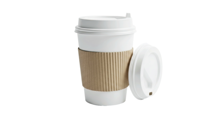 White Insulated Coffee Cup with Brown Corrugated Sleeve and Lid Off