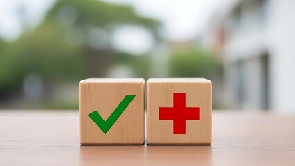 Two Wooden Blocks With Green Check Mark and Red Plus Sign Keywords: decision, choice, yes, no