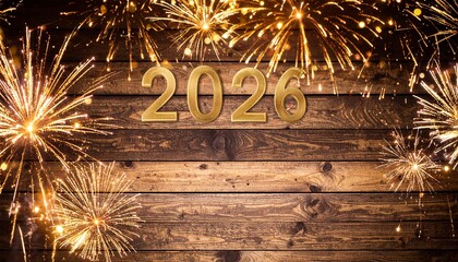 Golden 2026 numbers on rustic wooden background with dazzling fireworks for New Year's Eve celebration