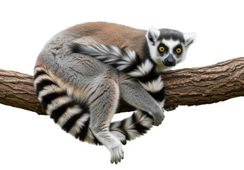 Obraz premium Ring-tailed lemur primate mammal madagascar wildlife animal sitting on branch photography isolated on transparent background