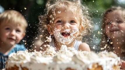 Obraz premium Joyful children laughing and smashing their birthday cake with excitement and pure delight during a first birthday party