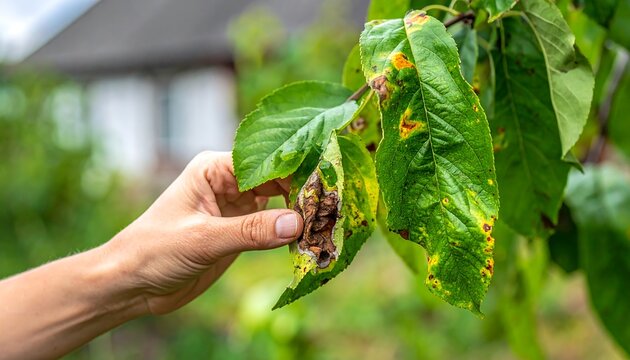 Close-up of hand holding a diseased leaf. Leaves show yellowing and brown spots, indicative of an illness