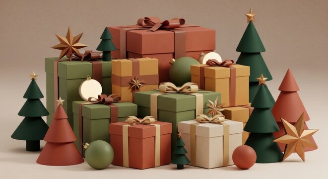 Aesthetic holiday scene featuring gifts, ornaments, and stylized Christmas trees