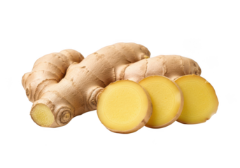 Fresh ginger root and slices, culinary herb, healthy spice ingredient, aromatic flavoring, cooking ingredient, food photography isolated on transparent background