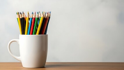 White mug filled with colorful sharpened pencils on wooden surface colored pencils