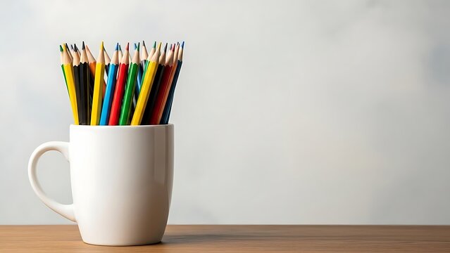 White mug filled with colorful sharpened pencils on wooden surface colored pencils - Powered by Adobe