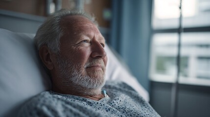 A thoughtful senior man resting in a hospital bed, looking out the window, reflecting on life in a serene, peaceful moment, surrounded by a comforting medical environment.