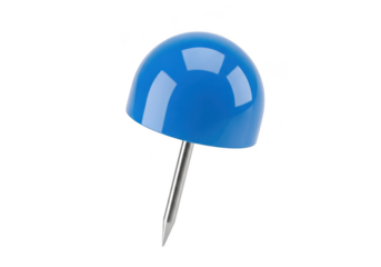 Detailed close-up of a blue push pin, thumbtack, or tack for bulletin boards and office use isolated on transparent background