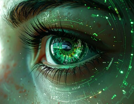 Close-up of human eye with digital circuit design overlaid in green