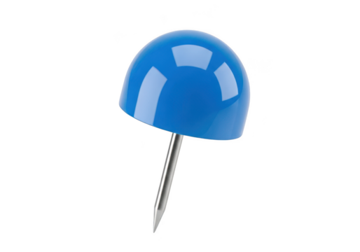 Detailed close-up of a blue push pin, thumbtack, or tack for bulletin boards and office use isolated on transparent background