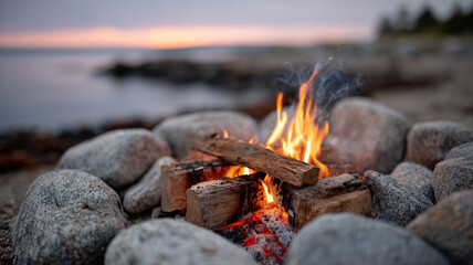 Campfire on a rocky beach at sunset.