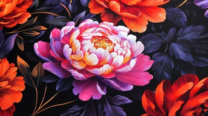 Closeup of a beautiful and vibrant arrangement of pink and red peonies on the surface of personalized party invitations with a modern floral design pattern