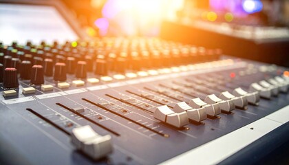 Sound mixing board with controls and sliders.