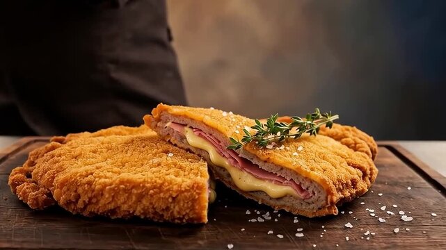 Chef emplatando cachopo asturiano relleno de jam&oacute;n y queso sobre tabla r&uacute;stica de madera