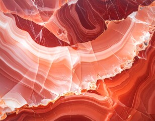 Close-up of layered red and white natural stone, polished surface