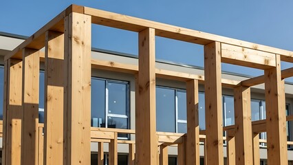 Wooden frame structure of a building under construction against blue sky timber