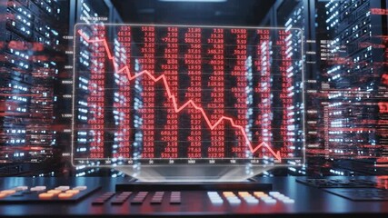 Red line graph displaying fluctuating financial data over time within a server room environment with blinking lights and control panels - Powered by Adobe